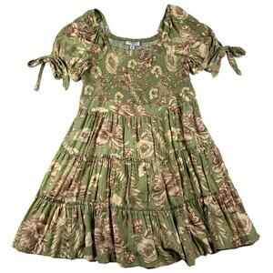 Agua Bendita Womens Scoop Neck Puff Sleeves Tiered Mini Dress Green Floral XL